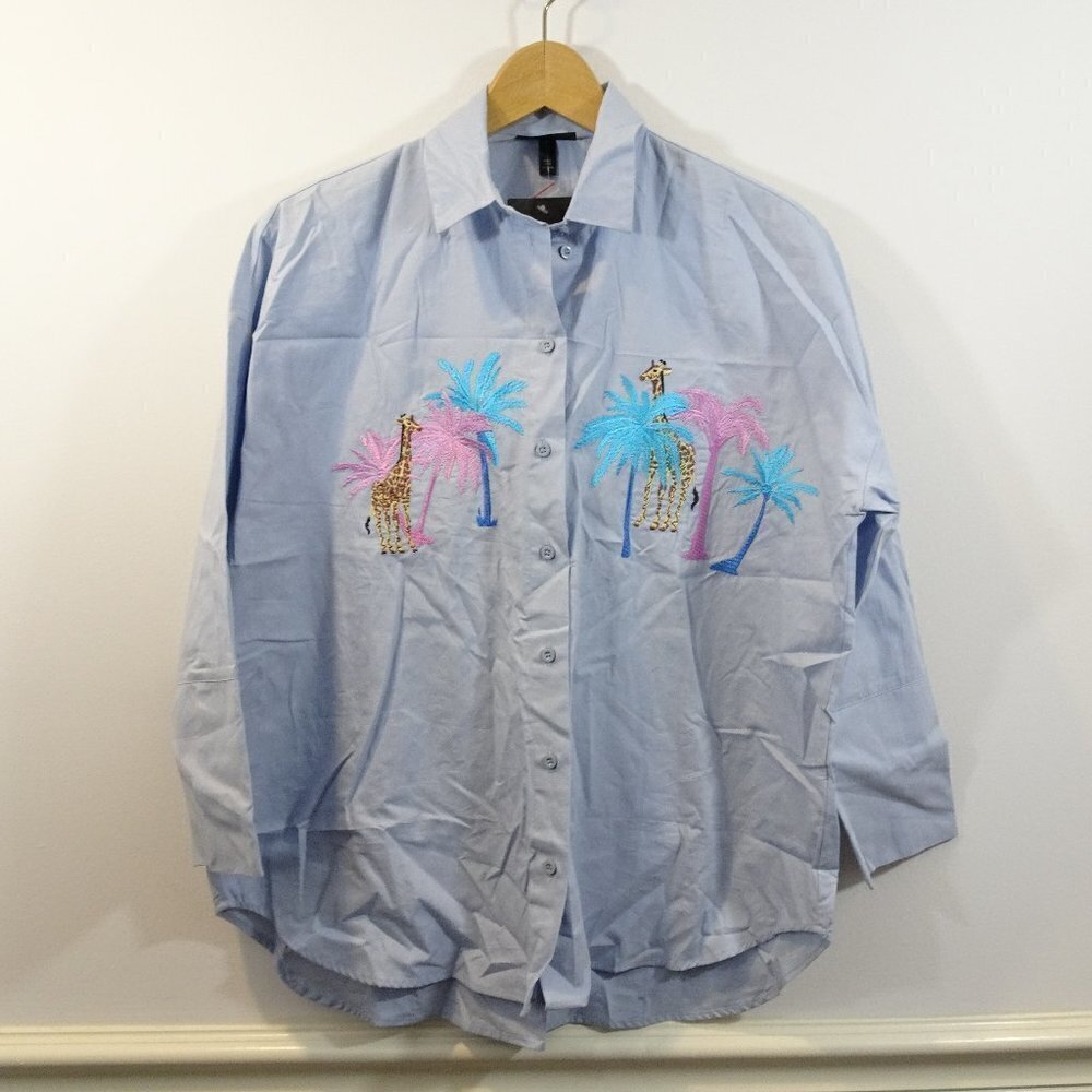 TOPSHOP Petite Embroidered Giraffe Button Front Blouse Size 2 NEW 3/4 Sleeve
